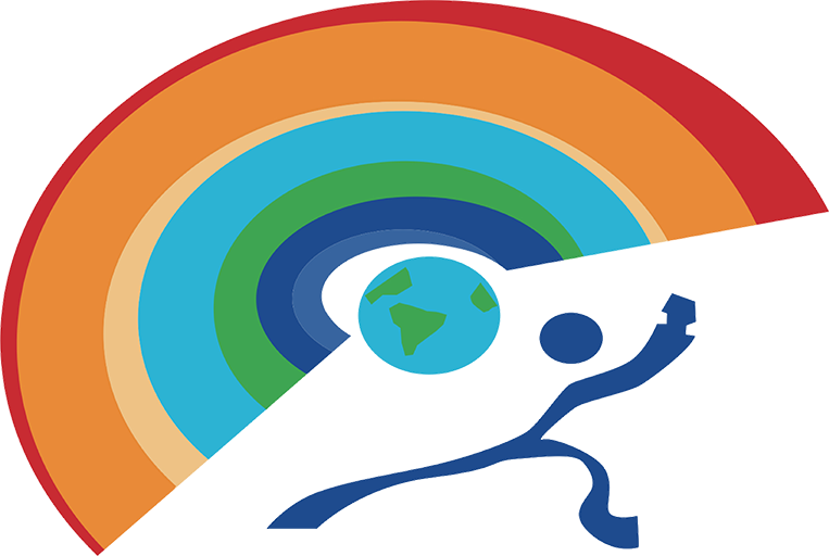 Abstract graphic with colorful concentric arcs, a stylized figure holding up a phone, and a globe in the center.