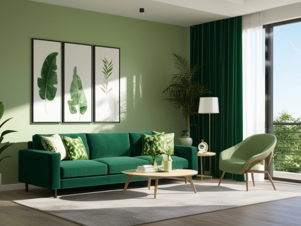 A modern living room with green walls, a dark green sofa, a green armchair, botanical wall art, a wooden coffee table, and large windows letting in natural light—the perfect space to choose as the heart of your home thanks to its fresh paint color.