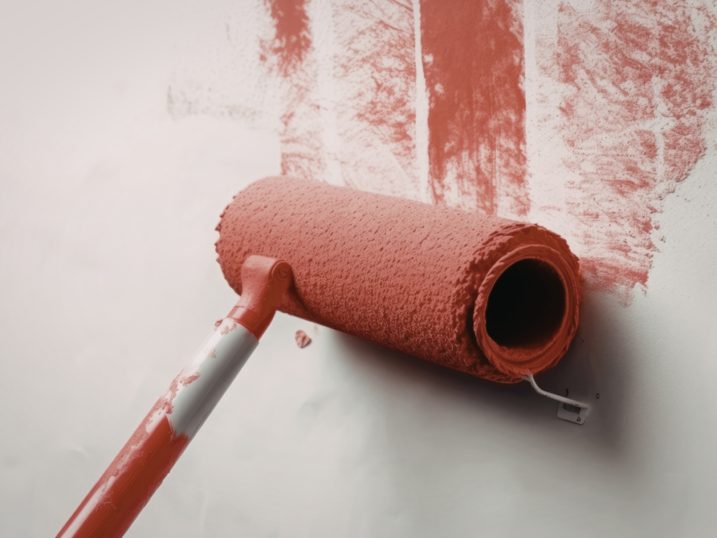 A paint roller applies a coat of red paint to a white wall, with some uneven patches and streaks visible—highlighting the difference between professional painting vs DIY painting.
