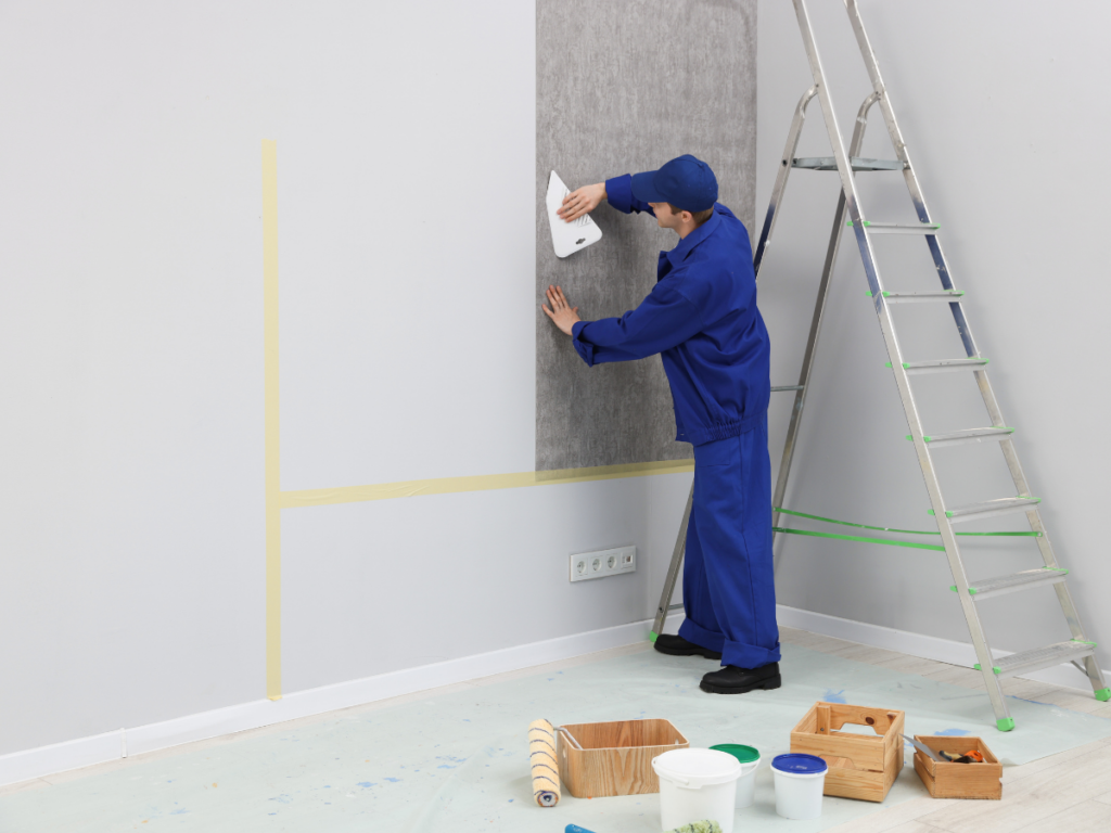 A person in blue overalls applies wallpaper to a wall with a smoothing tool, surrounded by a ladder, paint supplies, and tools—highlighting the difference between professional painting vs DIY painting techniques.